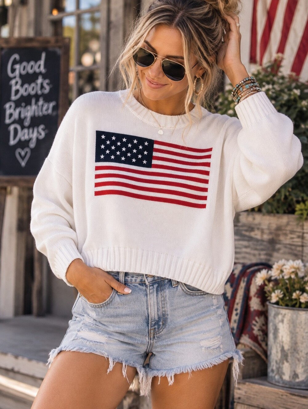 Moon & Madison American Flag Cropped Knit Sweater White Size Small
